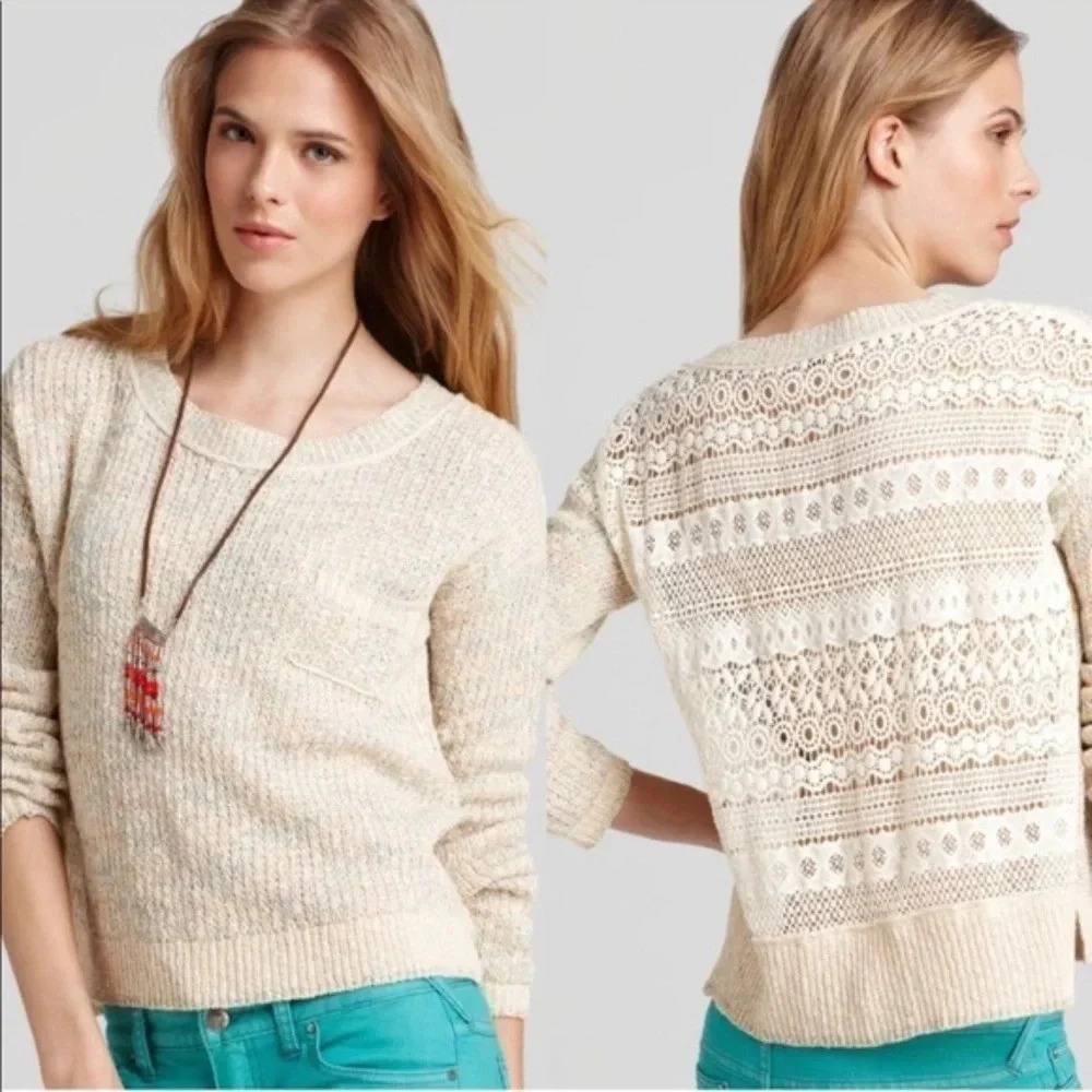 Free People Sweet Jane Cream Lace Back Pullover Sweater M